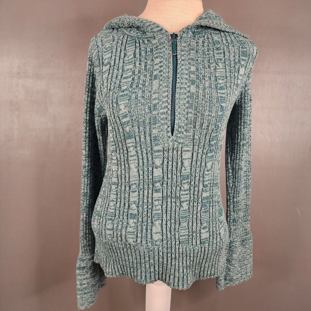 DKNY Jeans Women's Sweater SZ M Hooded 1/2 Zip Pullover Knit  Green Bell Sleeve